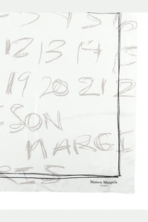 Maison Margiela women’s white silk foulard with hand-drawn gray numerical pattern and black logo print on bottom right