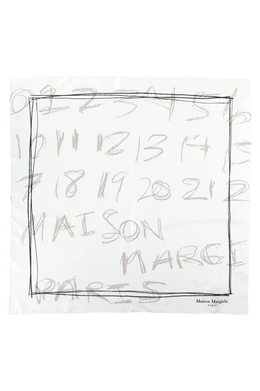 Maison margiela women’s white square scarf in seta featuring hand-drawn numerical sketch and logo in black ink