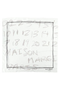 Maison margiela women’s white square scarf in seta featuring hand-drawn numerical sketch and logo in black ink