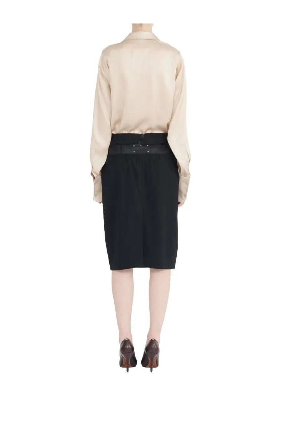 Maison Margiela women’s black pencil skirt with sleek tailored fit and matching belt with subtle metallic buckle