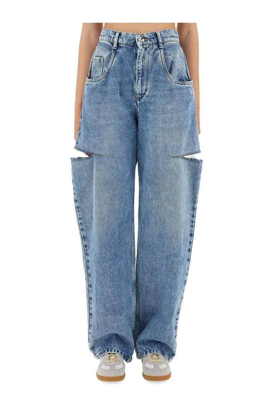 Maison Margiela women’s light-wash denim jeans with wide legs and distressed ripped knees in blue