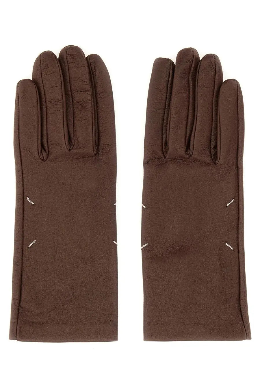 Maison Margiela women’s brown leather gloves with distinctive white stitching along the seams back side view