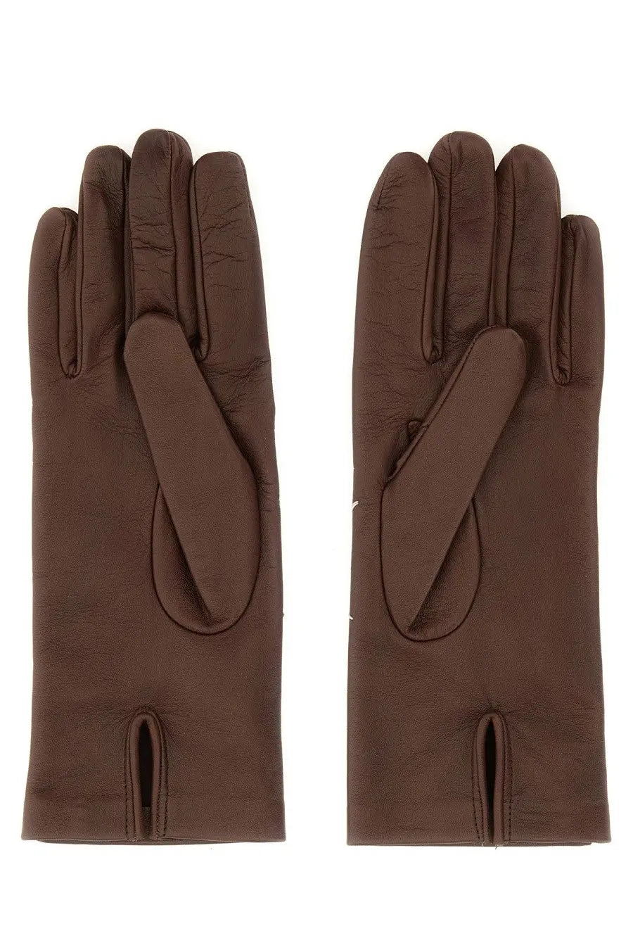 Maison Margiela women’s brown leather gloves with a smooth textured surface and subtle stitching on the back side