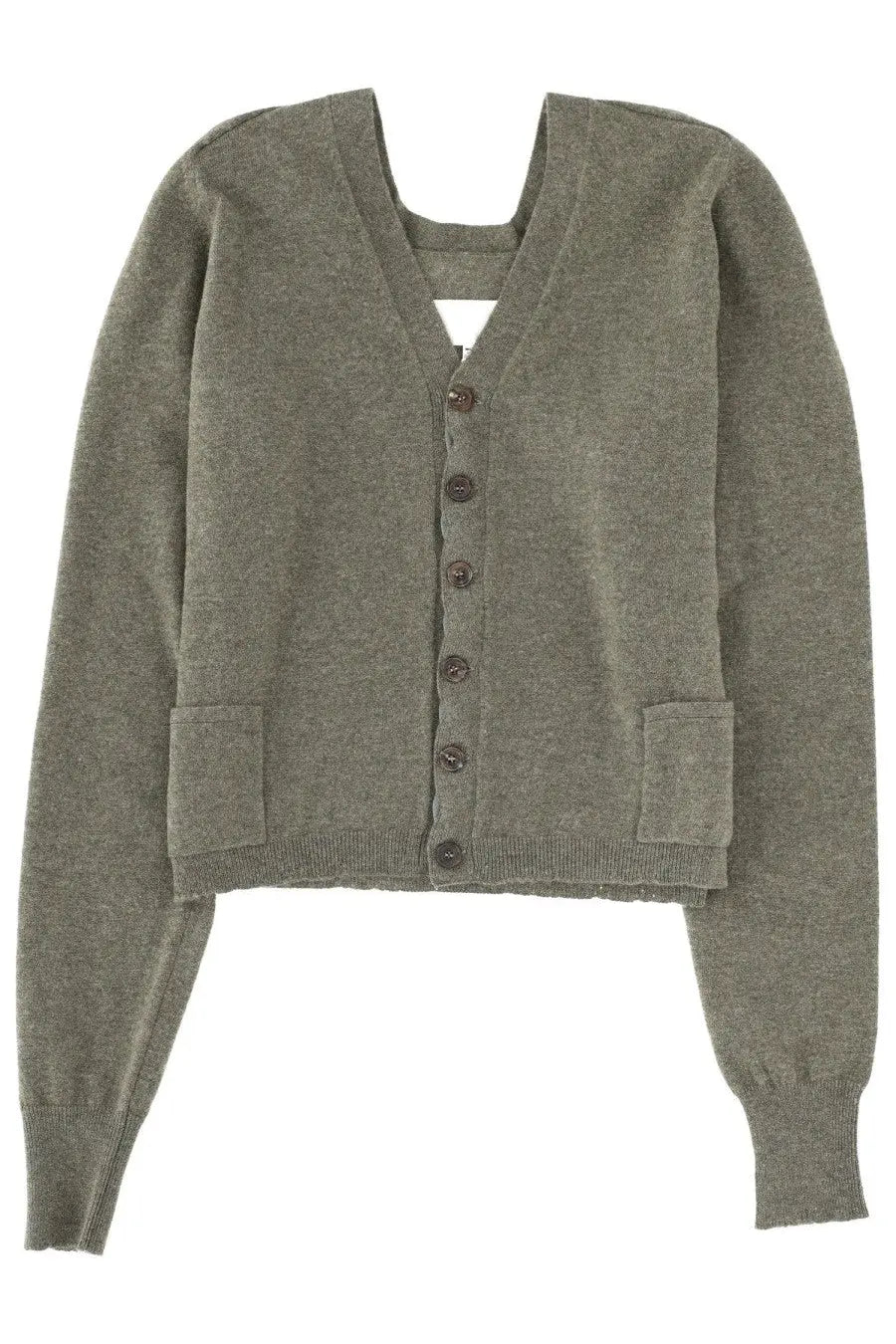 Olive green knit cardigan with button closure and two front pockets from maison margiela women’s neck cardigan collection