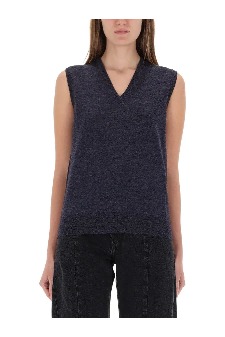 Maison Margiela women’s dark navy blue sleeveless knit vest with v-neckline and subtle texture