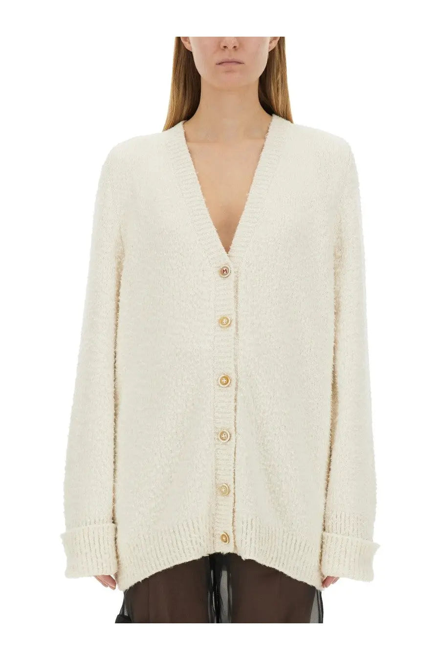 Maison Margiela women’s oversized cream-colored knit cardigan with v-neck and gold-toned buttons