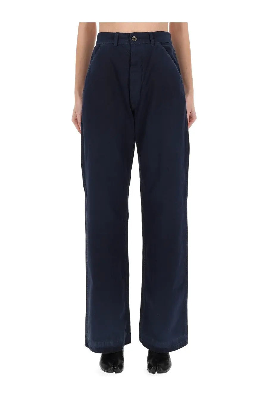 Maison Margiela women’s dark navy herringbone wide-leg trousers with a tailored fit and subtle front pleats