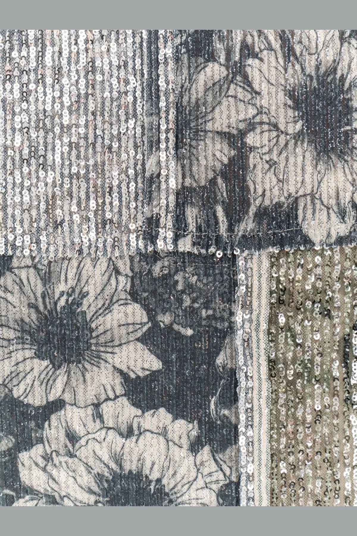 Maison Margiela women’s patchwork top blue with black and white floral fabric and vertical silver sequin strips