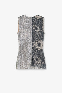Maison Margiela women’s sleeveless patchwork top in silver and black sequins with dark floral embroidery detailing