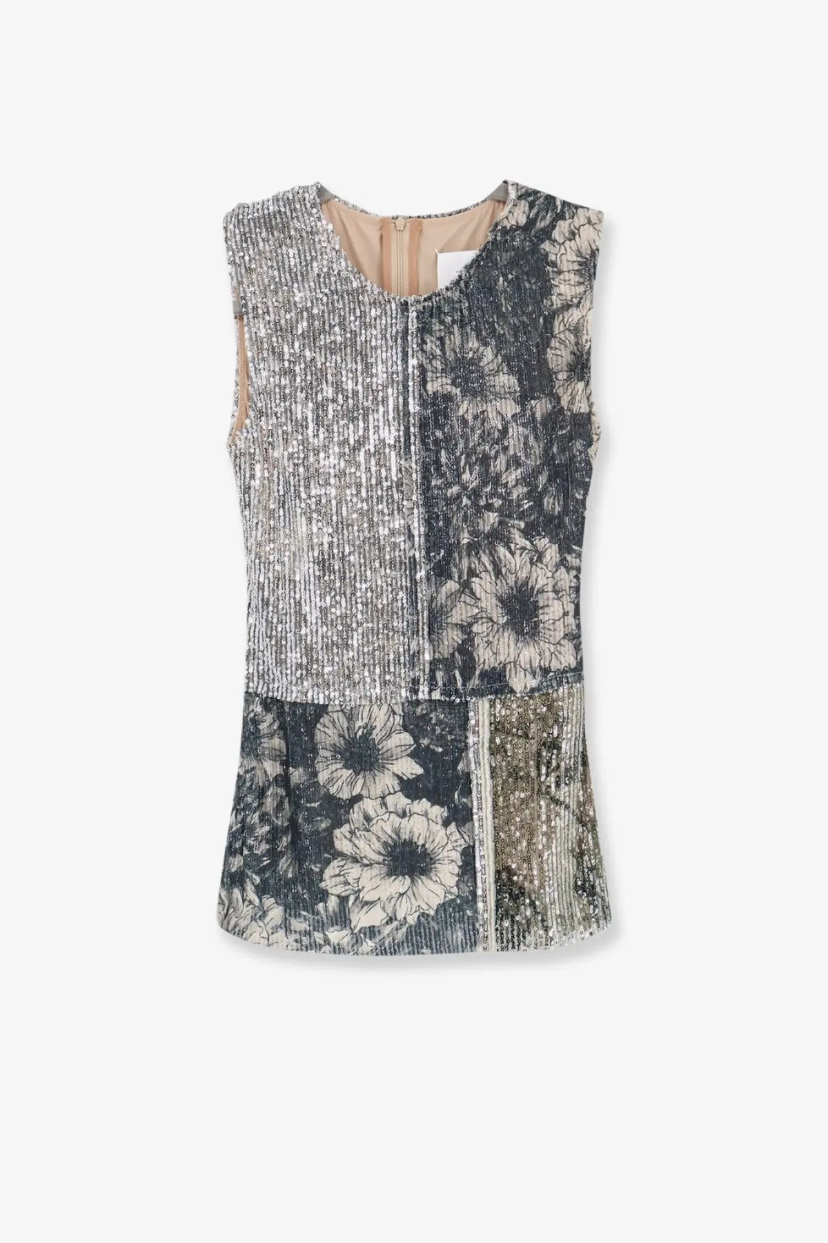 Maison Margiela women’s sleeveless patchwork top with silver sequins and black and white floral prints in blue