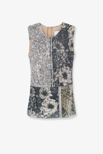 Maison Margiela women’s sleeveless patchwork top with silver sequins and black and white floral prints in blue