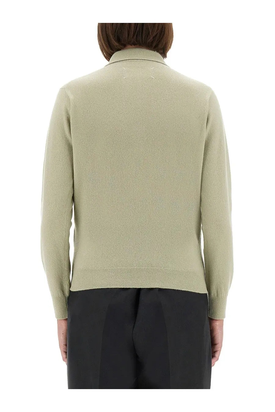 Maison Margiela women’s polo shirt in soft olive green knitted fabric with classic collar and ribbed cuffs
