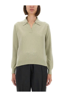 Maison Margiela women’s polo shirt green soft sage knit sweater with classic polo collar and ribbed cuffs