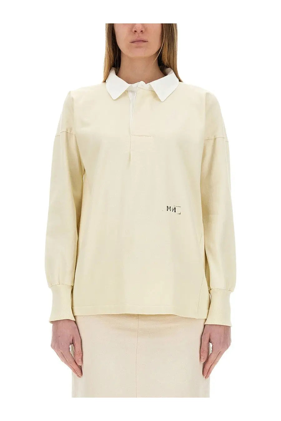 Maison Margiela women’s polo shirt white cream long-sleeved blouse with white collar and subtle ma logo patch on chest