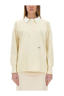 Maison Margiela women’s polo shirt white cream long-sleeved blouse with white collar and subtle ma logo patch on chest
