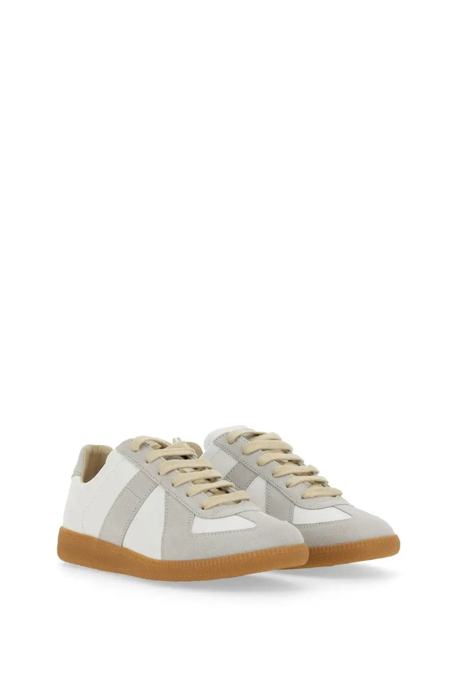 Maison Margiela women’s replica sneaker white in white and gray suede with beige laces and tan rubber sole
