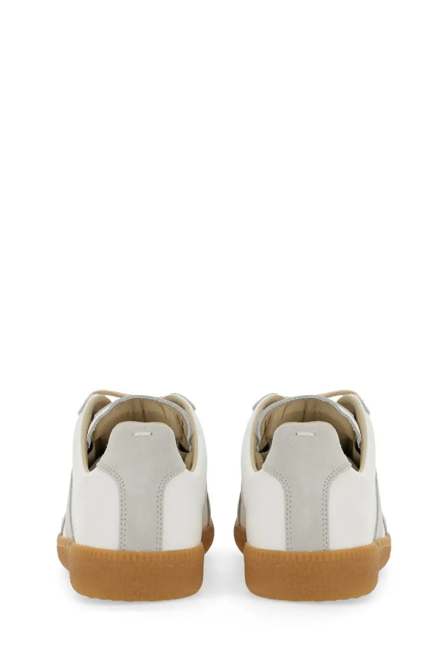 Maison Margiela women’s replica sneaker white leather with tan rubber soles and subtle gray stitching details