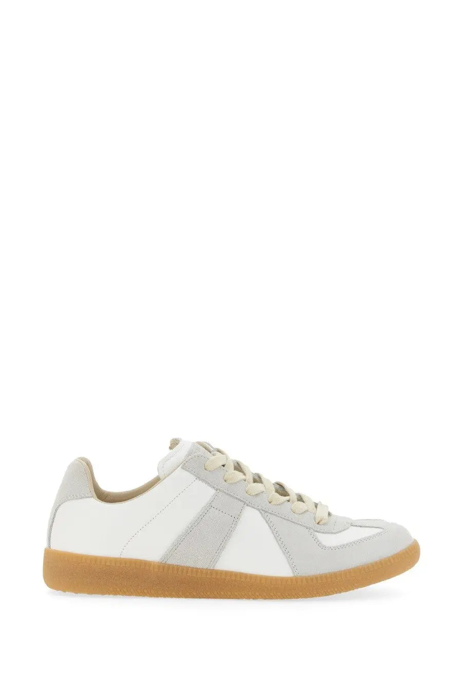 Maison Margiela women’s replica sneaker in white and light gray leather with tan rubber sole low top design