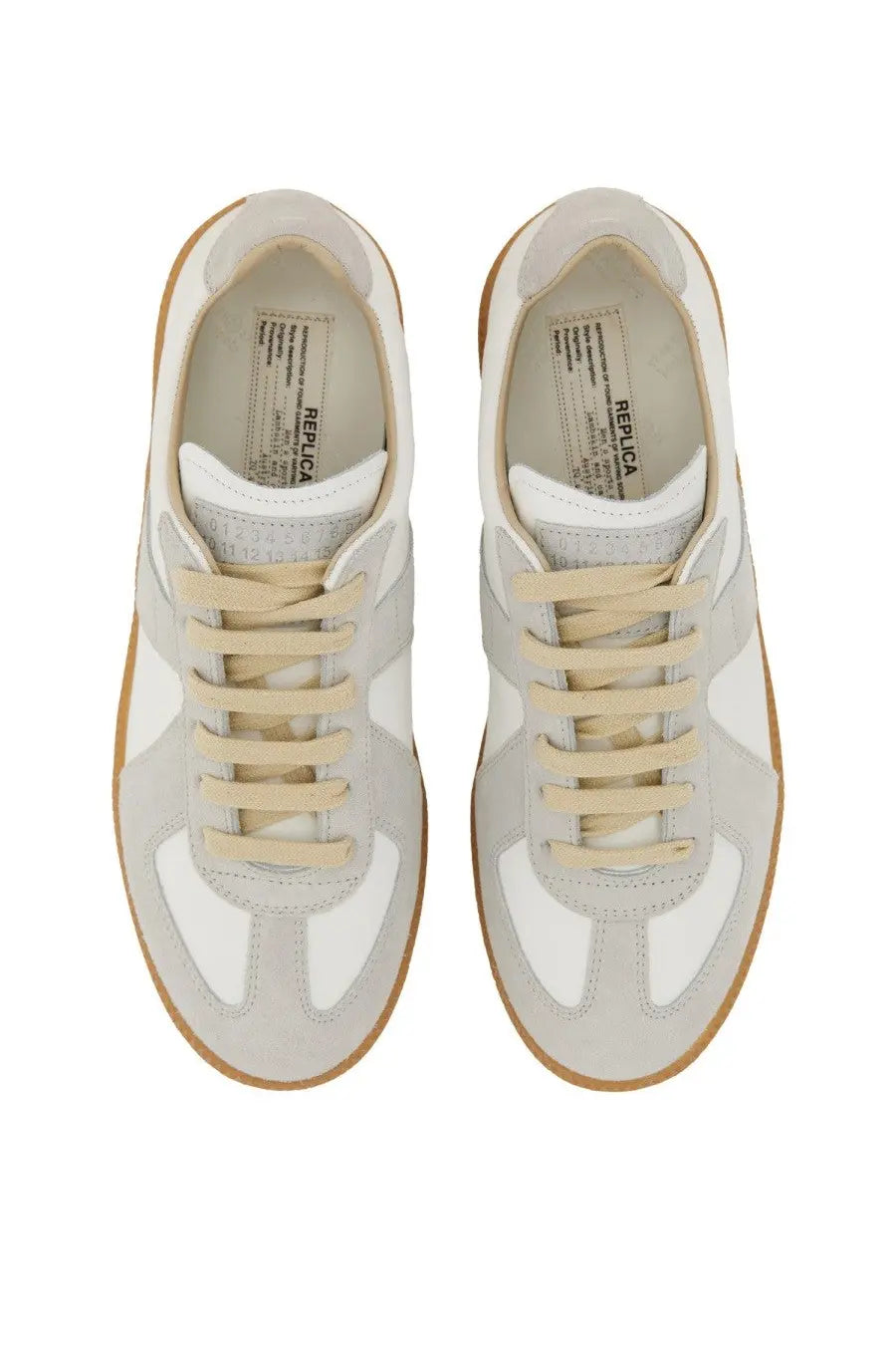 Maison Margiela women’s replica sneaker white low-top with beige suede tan laces and gum rubber sole
