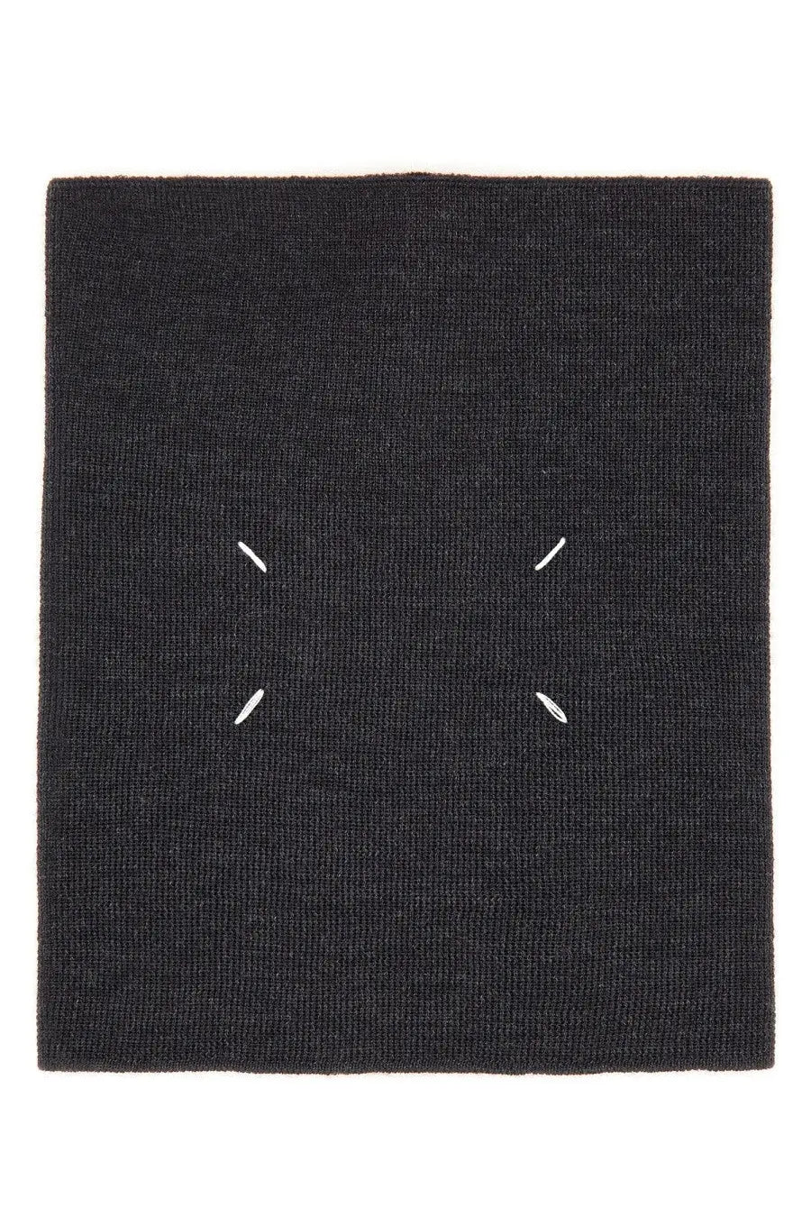 Maison Margiela women’s black textured scarf with four white diagonal stitch marks forming a cross pattern