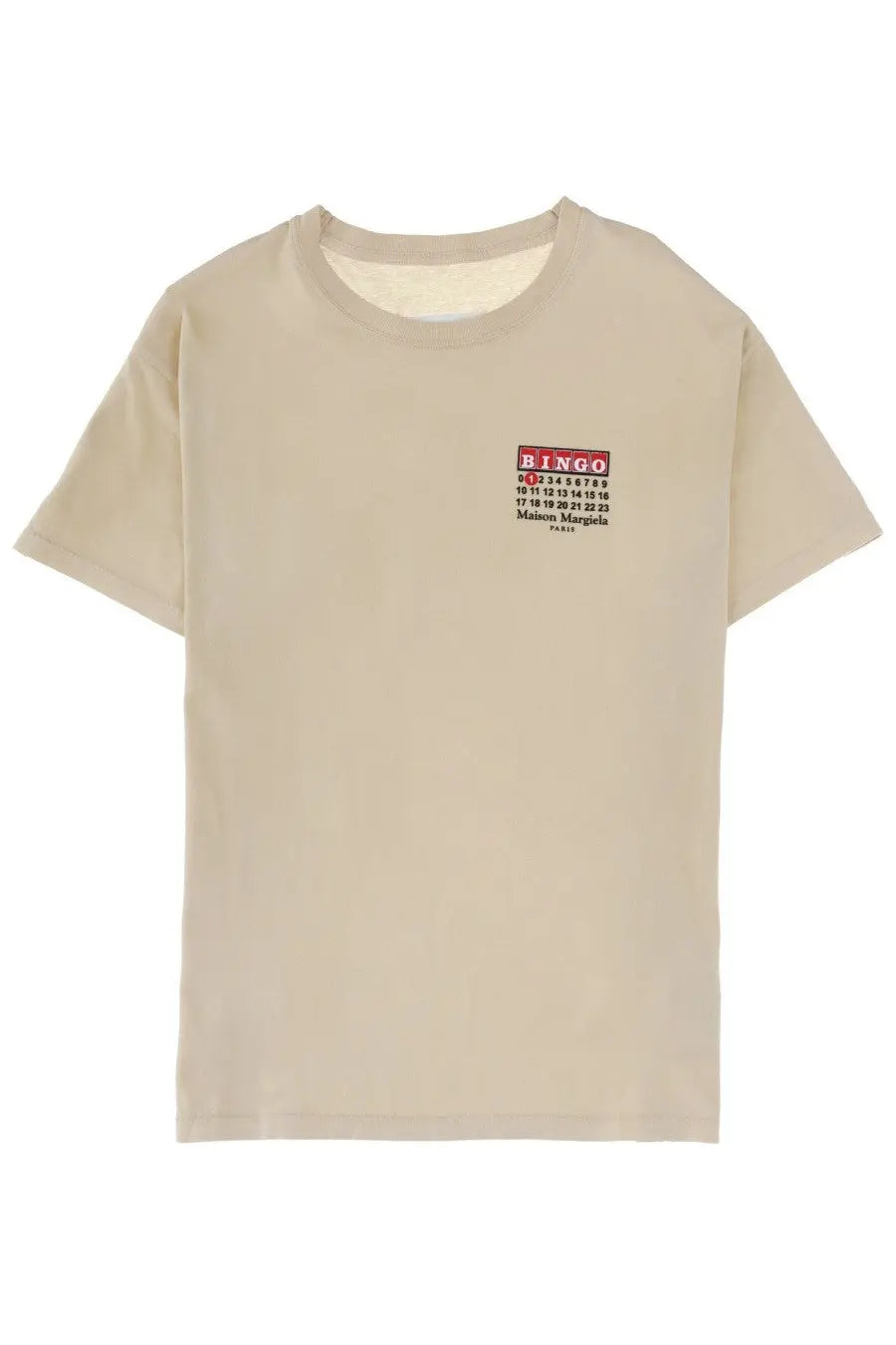 Maison Margiela women’s beige short-sleeved shirt with red and black bingo graphic on left chest