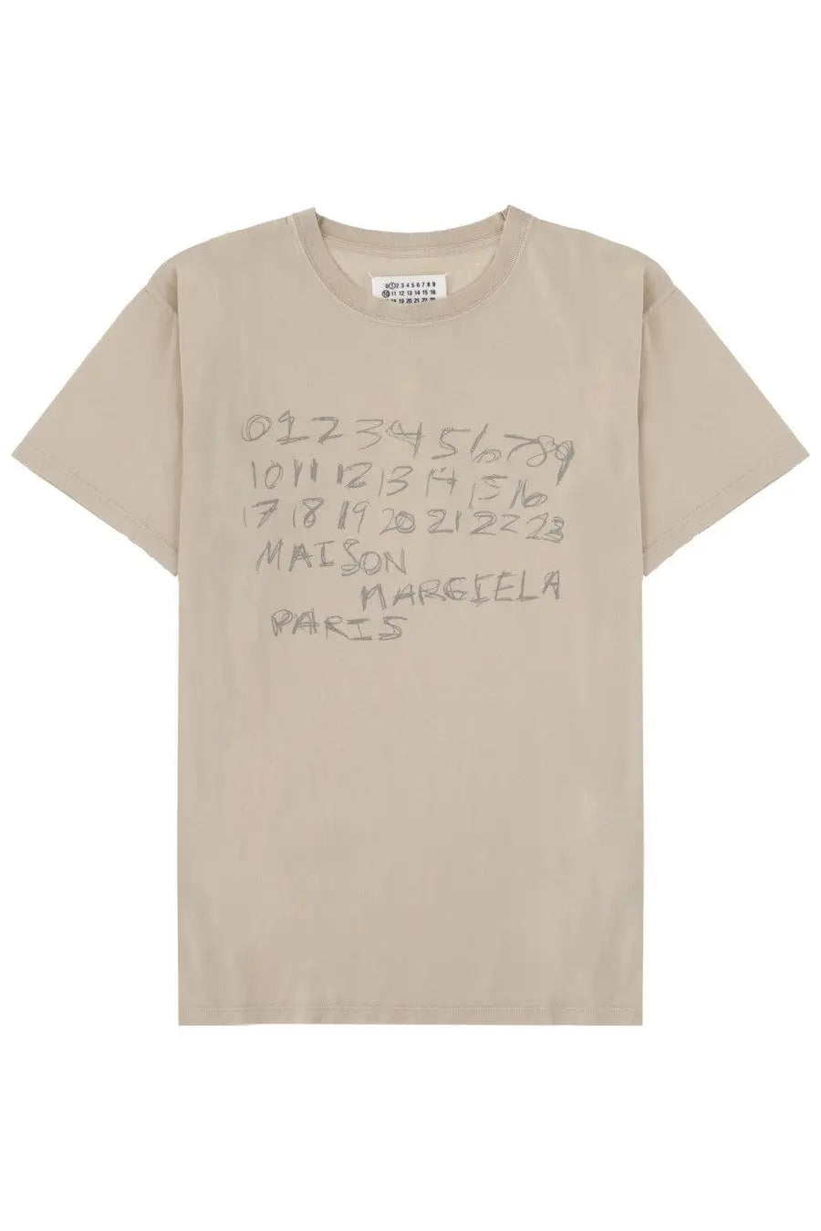 Beige maison margiela women’s t-shirt with gray handwritten style numbers and brand name printed on front