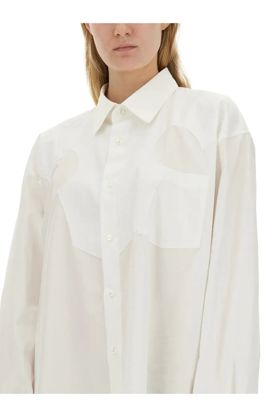 Maison Margiela women’s shirt dress white minimalist button-up with structured collar and sheer fabric panels