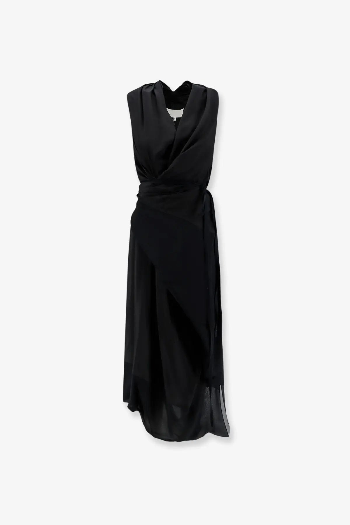 Maison Margiela women’s black silk sleeveless dress with draped neckline and asymmetrical hemline