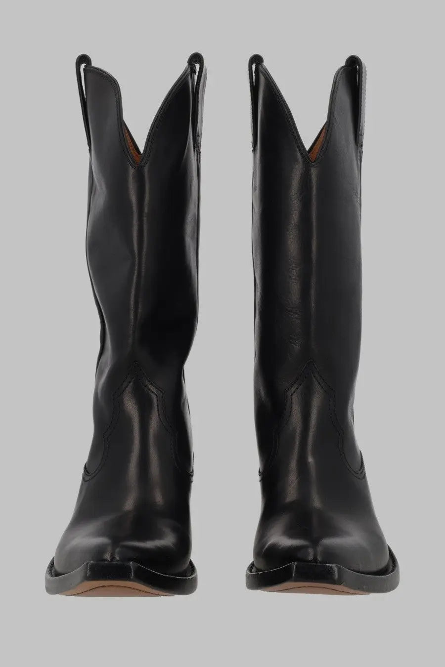 Maison Margiela women’s stivale western heel less black leather cowboy boots with glossy finish and stitched patterns