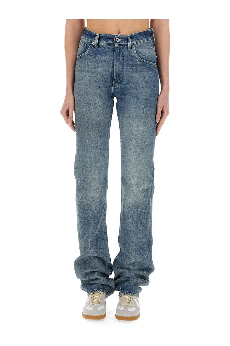 Maison Margiela women’s high-waisted straight-leg denim jeans in medium blue wash with subtle fading and whiskering details
