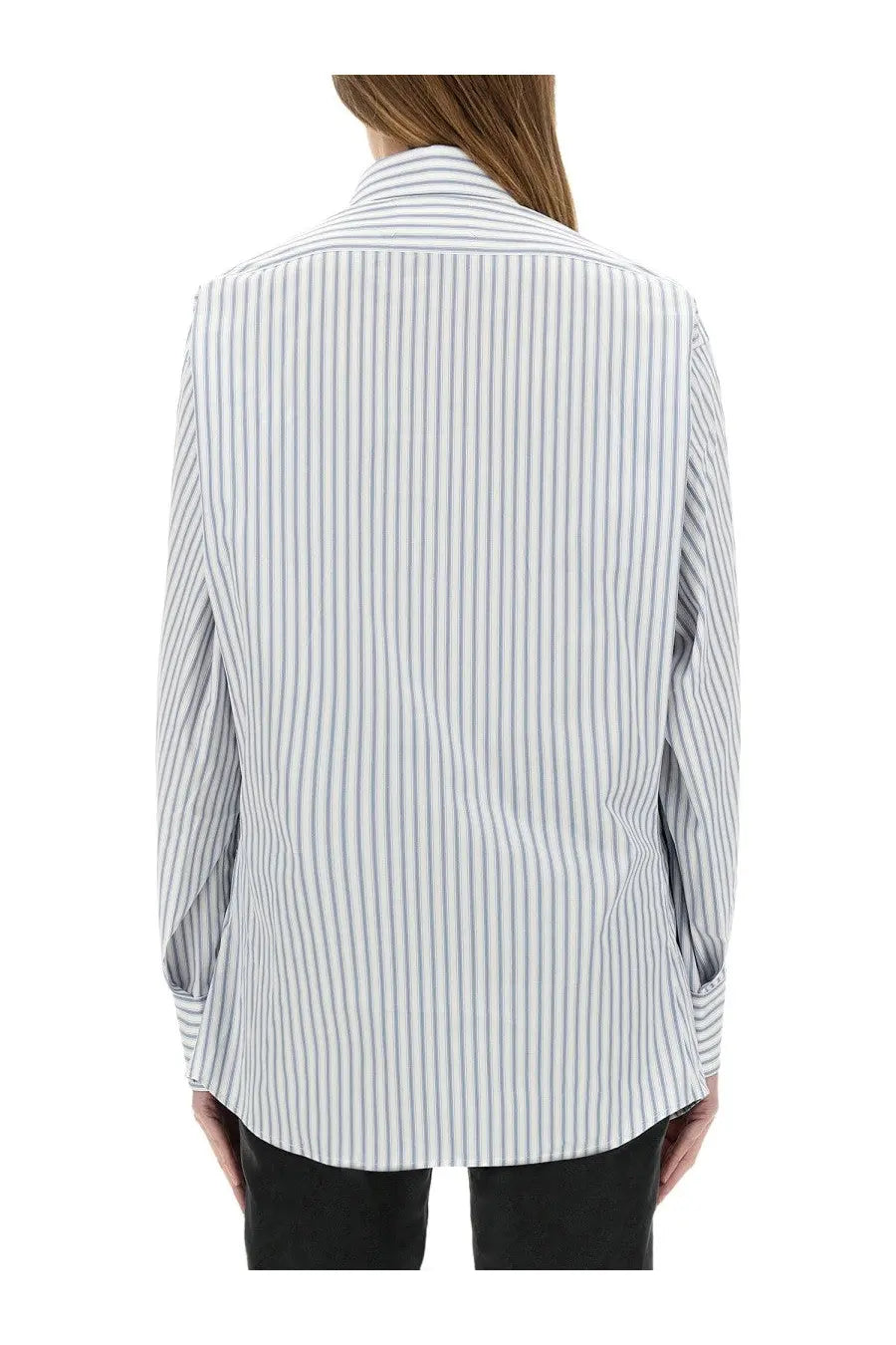Maison Margiela women’s striped cotton shirt in white with fine navy blue vertical stripes and a structured collar