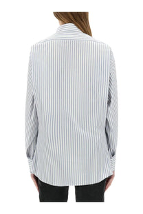 Maison Margiela women’s striped cotton shirt in white with fine navy blue vertical stripes and a structured collar