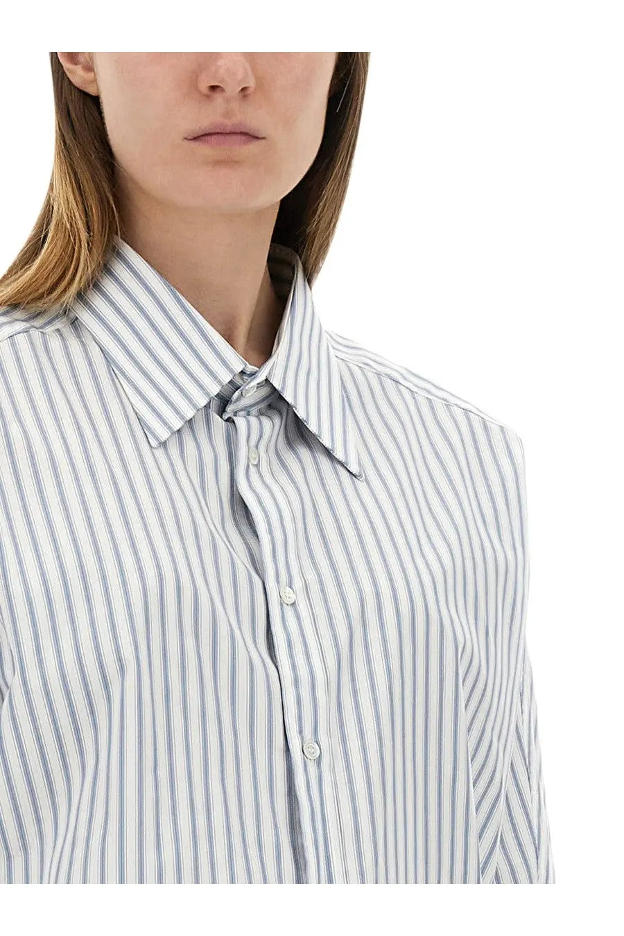 Maison Margiela women’s striped cotton shirt in blue with crisp white and light blue vertical stripes and classic collar