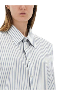 Maison Margiela women’s striped cotton shirt in blue with crisp white and light blue vertical stripes and classic collar