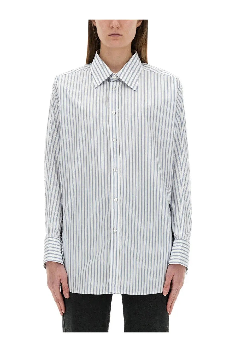 Maison Margiela women’s striped cotton shirt in light gray and white vertical stripes with long sleeves and oversized fit