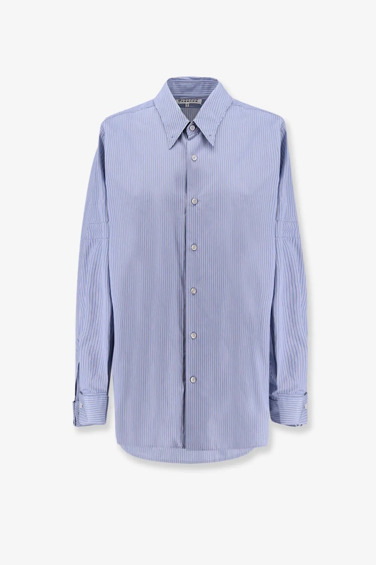 Maison Margiela women’s striped cotton shirt in light blue and white with classic collar and long sleeves