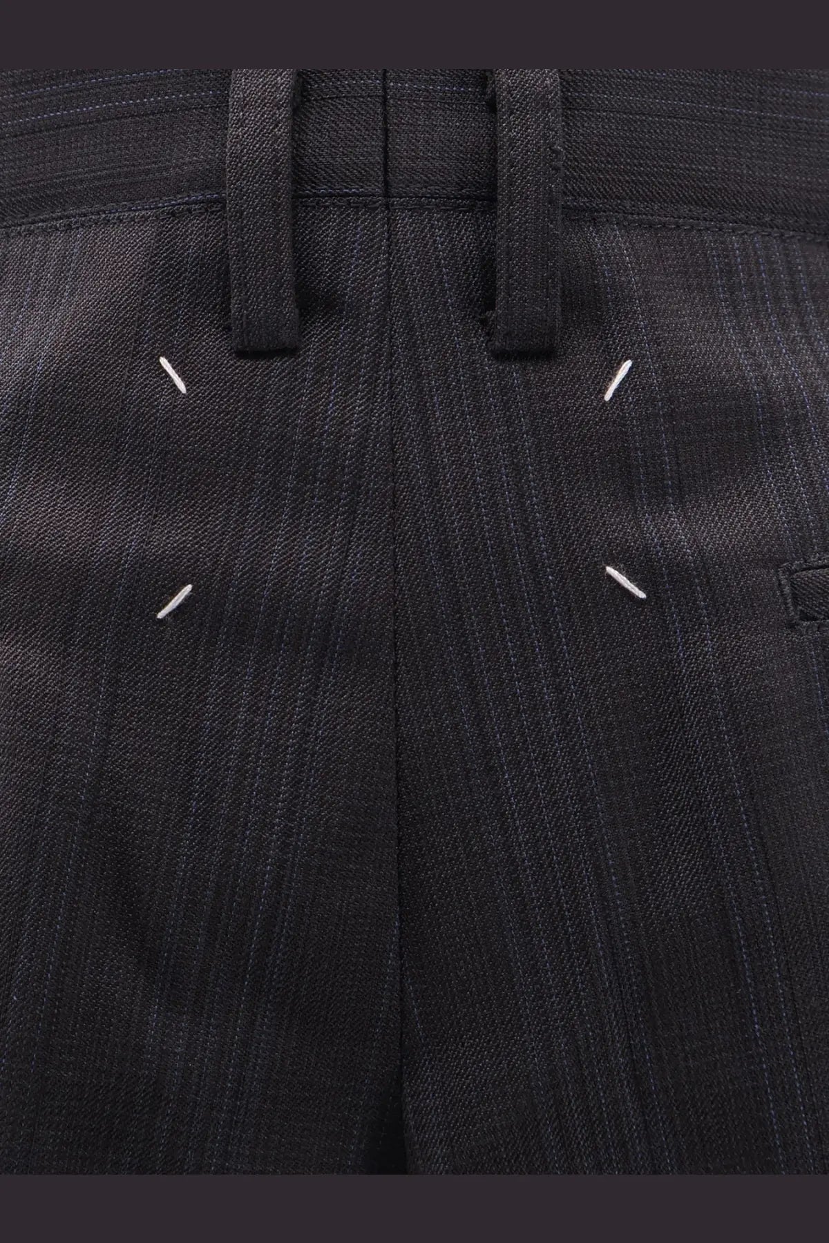 Maison Margiela women’s black pinstripe virgin wool trousers with distinctive white stitching accents