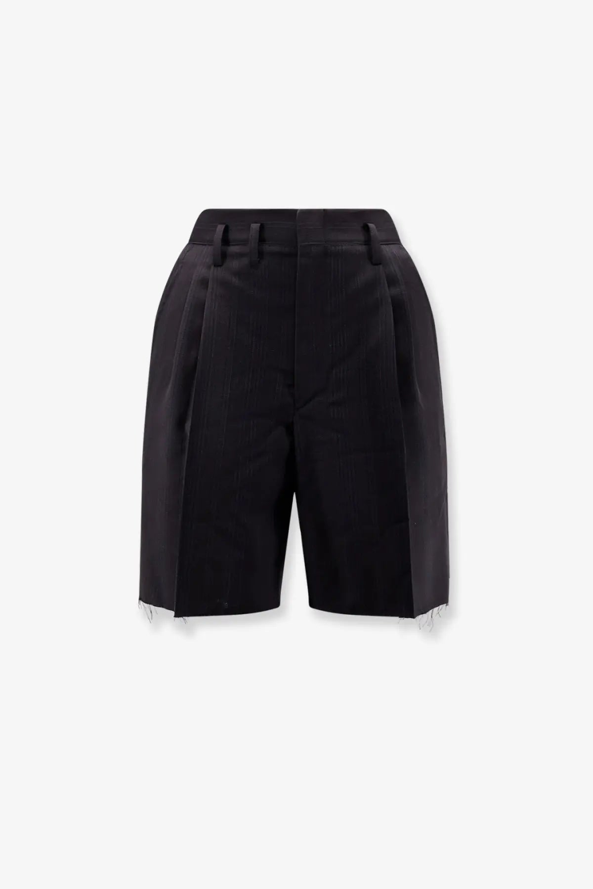 Maison Margiela women’s black striped virgin wool shorts with tailored waistband and frayed hem front view