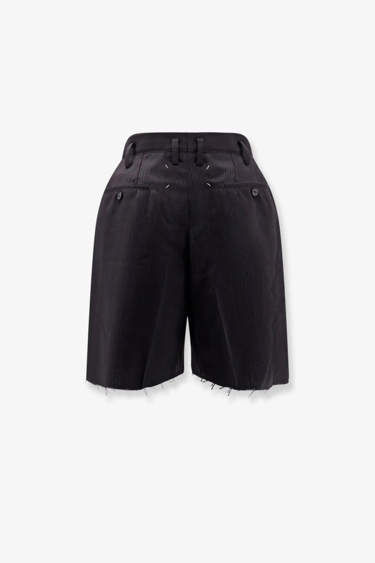 Maison Margiela women’s black virgin wool shorts with tailored waistband subtle vertical stripes and frayed hem detailing