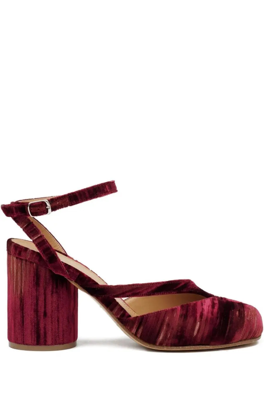Maison Margiela women’s tabi chenille sandal red deep burgundy velvet ankle-strap pump with ribbed block heel
