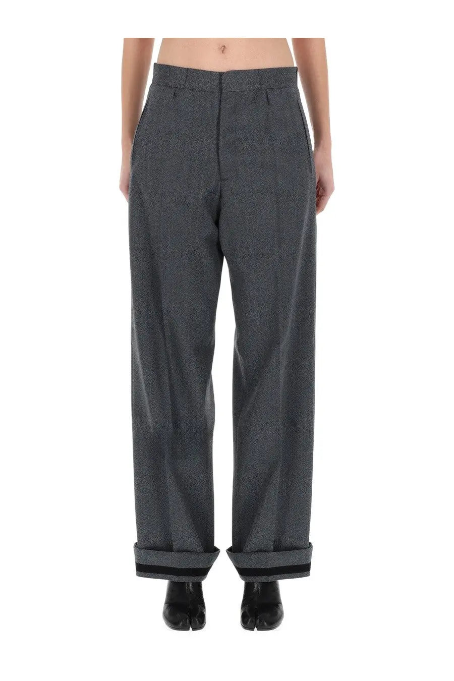 Maison Margiela women’s tailored dark gray wide-leg trousers with subtle textured weave and black trim cuffs