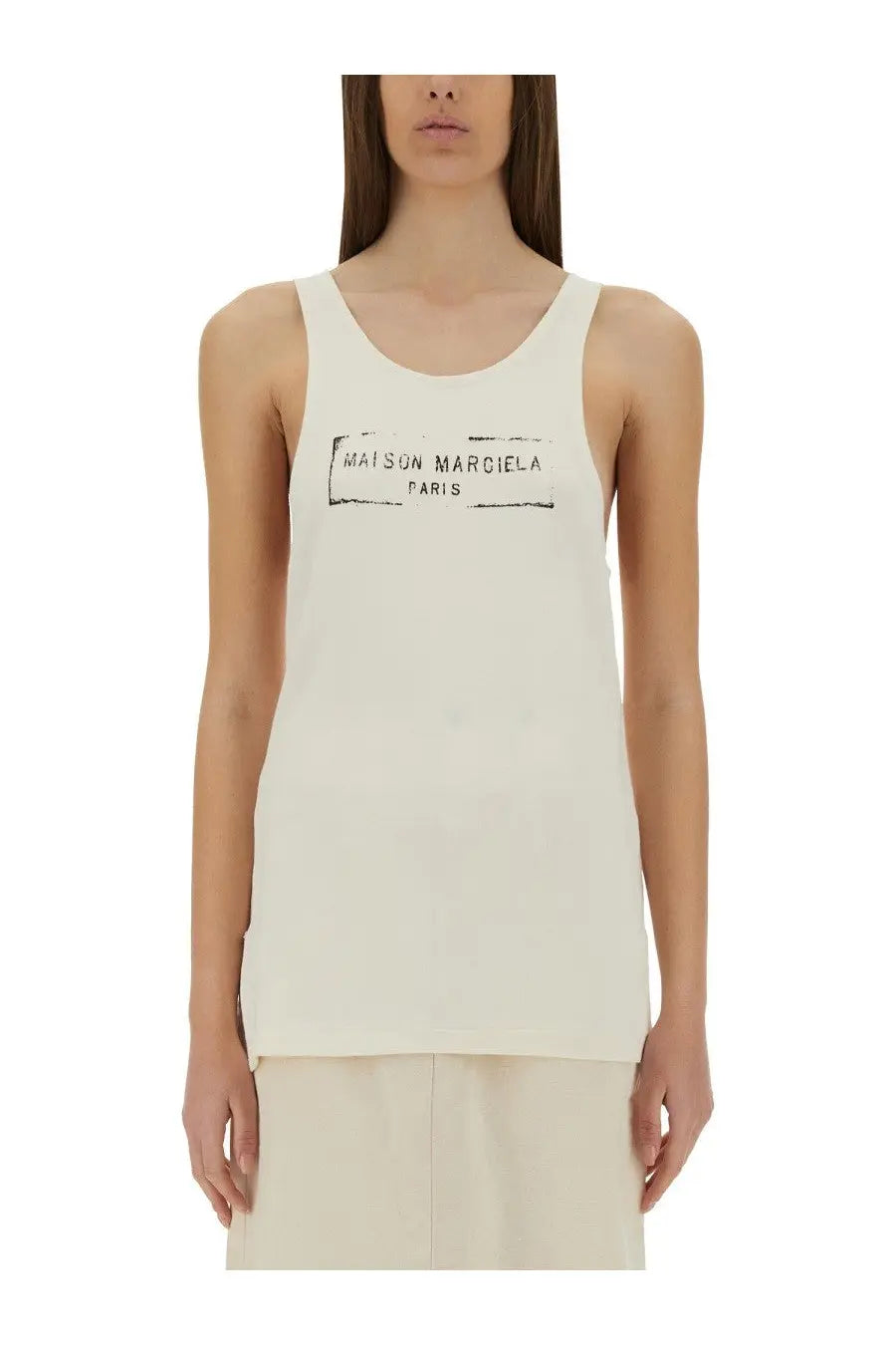 Maison Margiela women’s cream-colored tank top with minimalist black graphic print in lightweight fabric