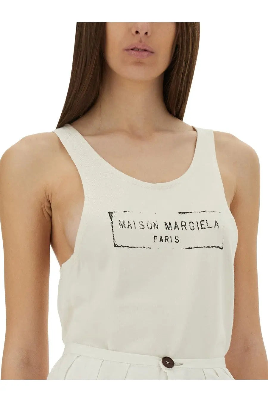 Beige cream-colored maison margiela paris tank top with black stamped logo design for women