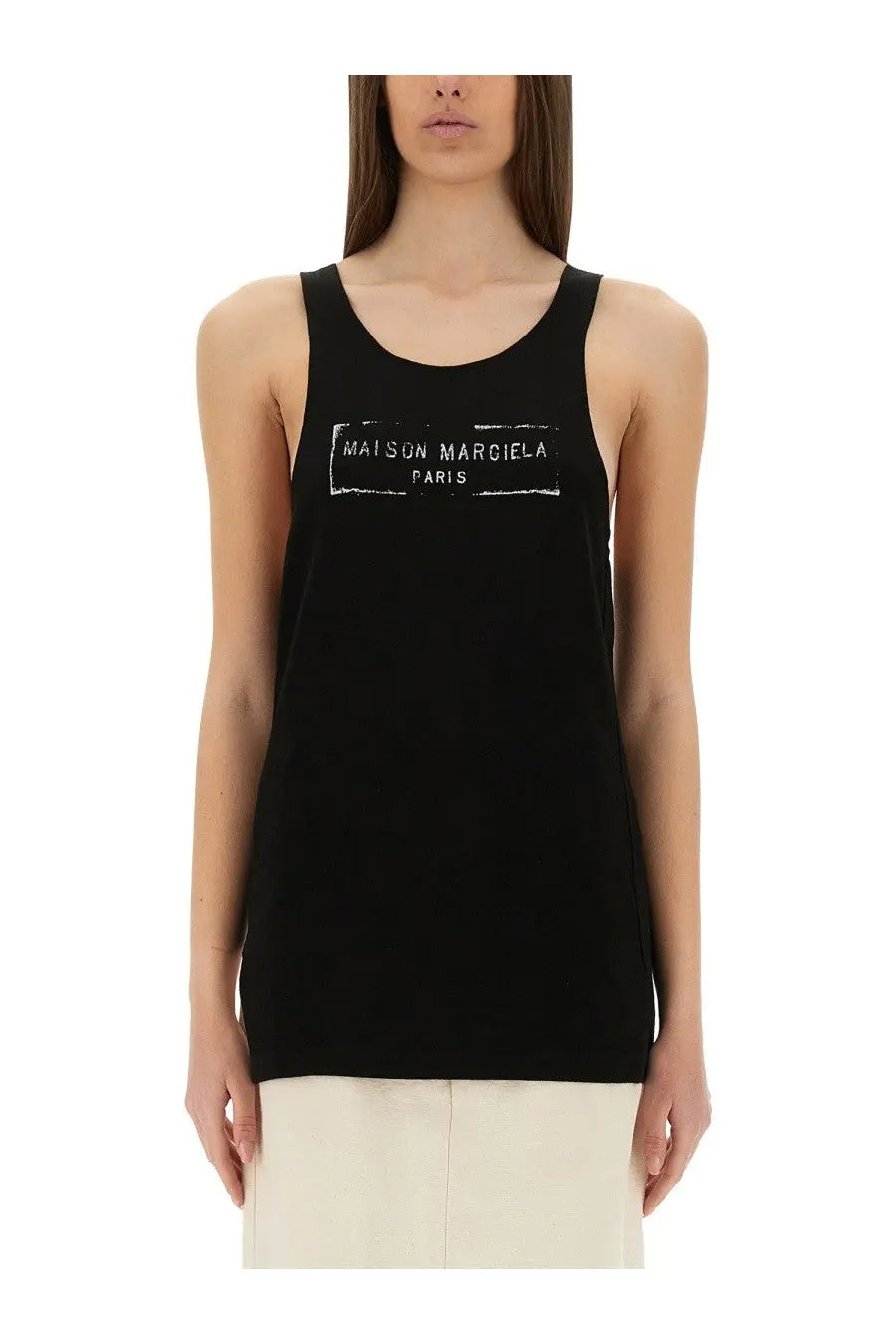 Maison Margiela women’s black tank top with white rectangular logo print made from soft cotton fabric