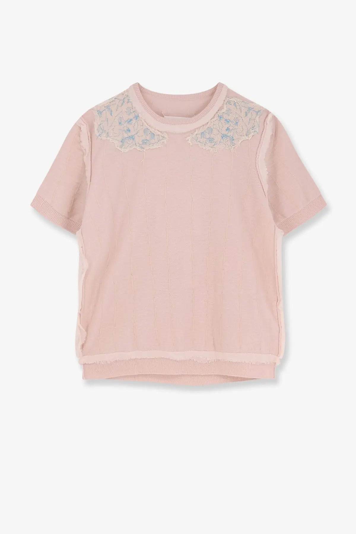 A soft pink short-sleeved top with delicate lace detailing across the shoulders from maison margiela