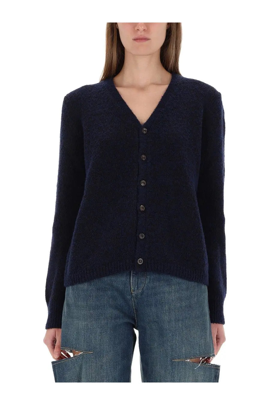 Navy blue wool knit cardigan with dark buttons from Maison Margiela womens collection, textured design