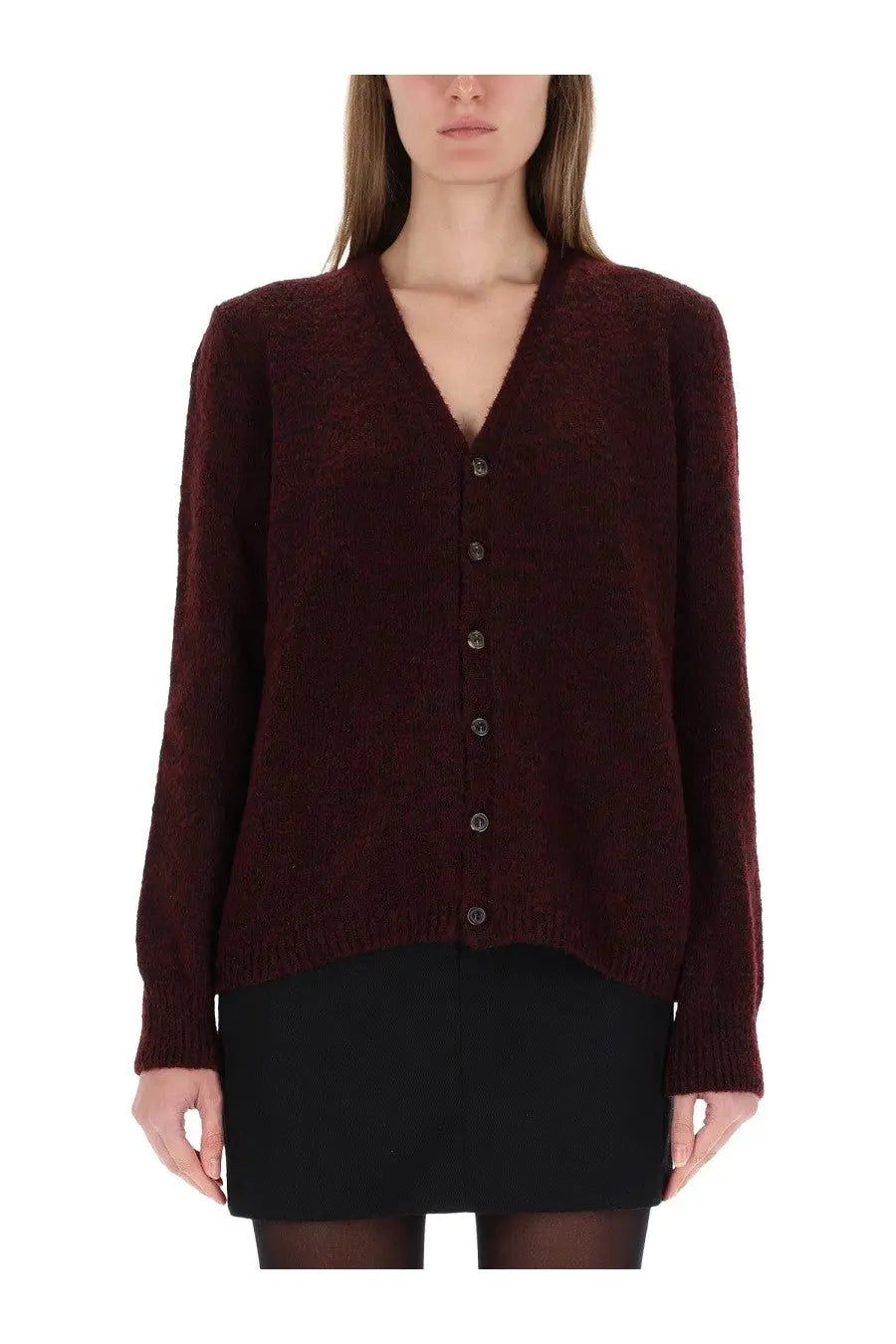 Maison Margiela women’s deep burgundy wool cardigan with textured knit v-neck and button closure