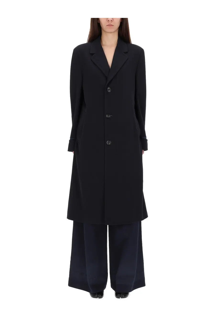Maison Margiela women’s black oversized wool trench coat with structured collar and three-button front closure