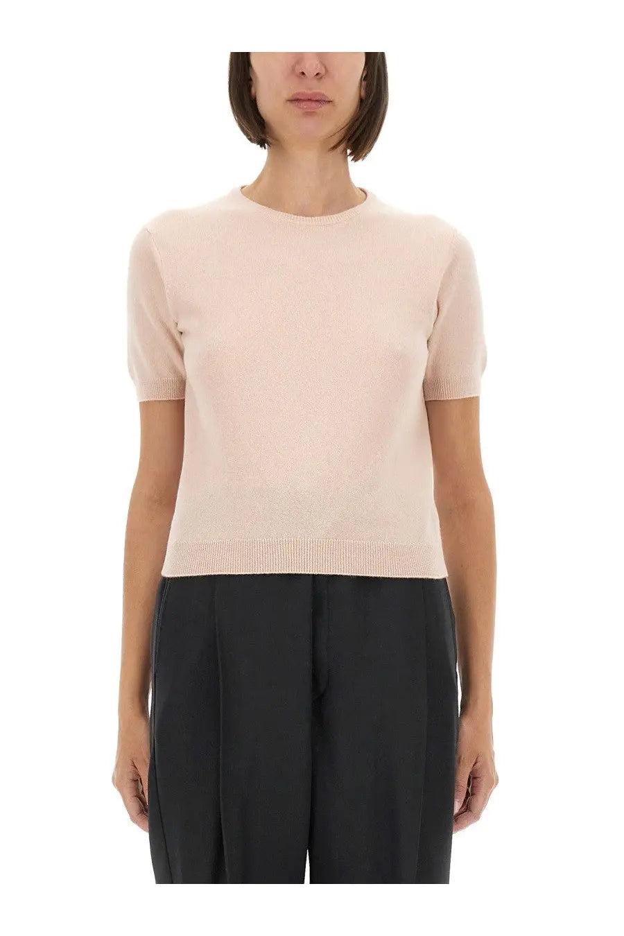 Maison margiela women’s wool crew neck shirt blue with soft blush pink short-sleeved knit top and ribbed hem