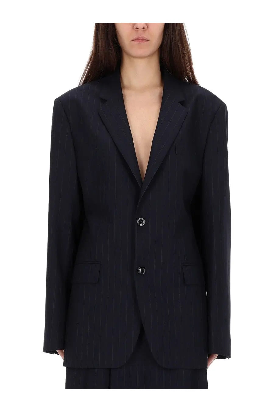 Maison Margiela women’s black wool pinstripe blazer with structured silhouette and two front buttons